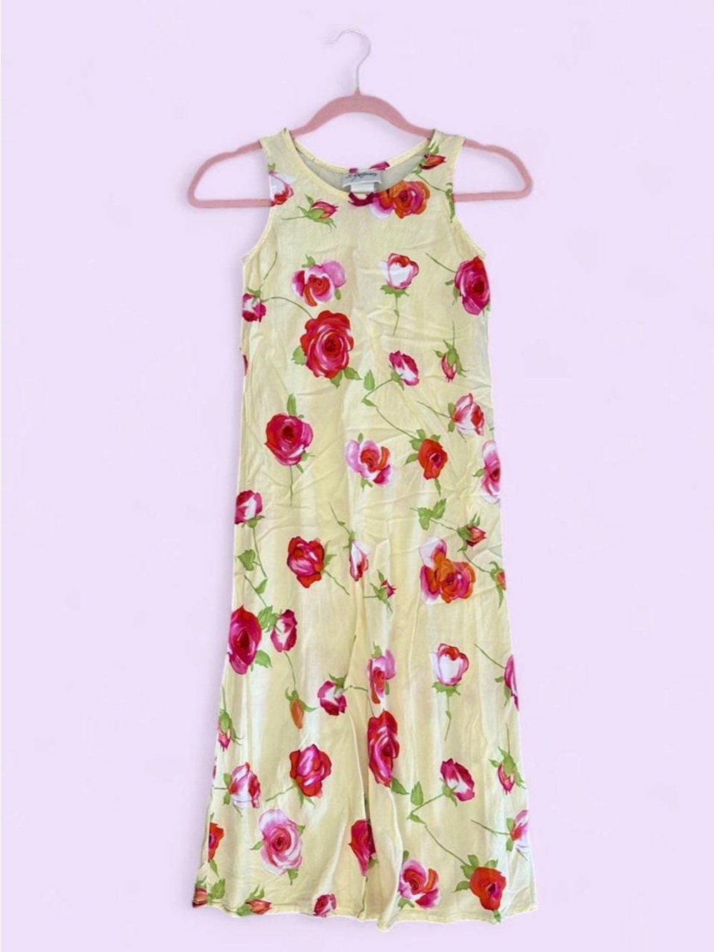 Vintage 90s Yellow Watercolor Rose Midi Dress